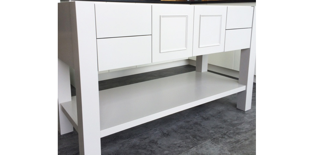 white vanity with open lower shelf