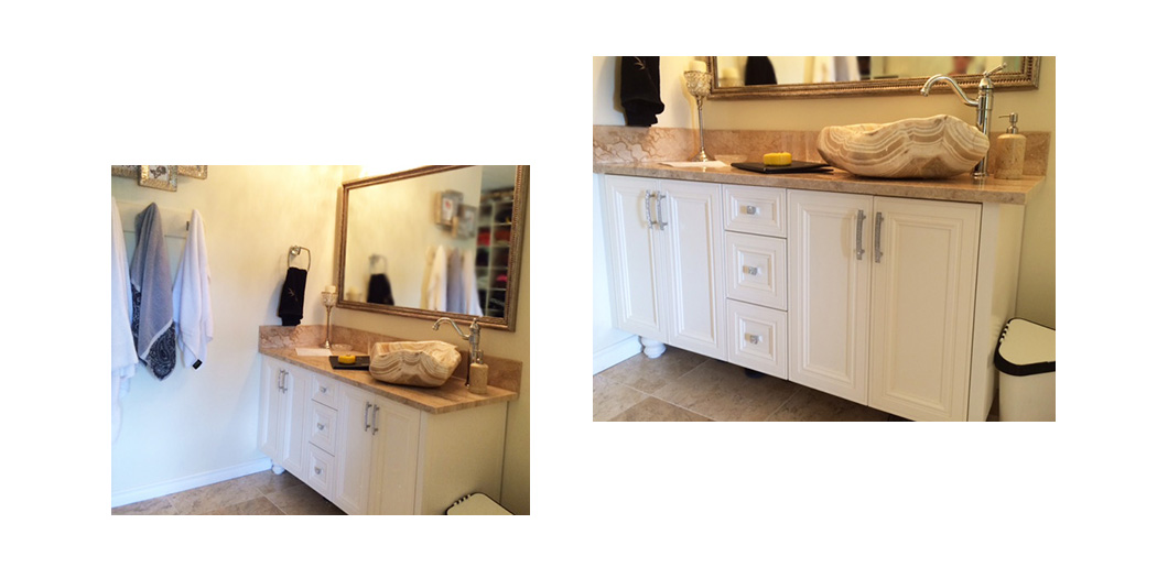 white bathroom vanity with marble sink & mirror